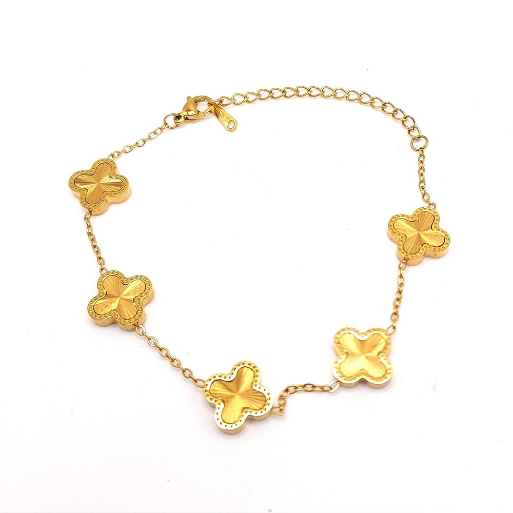 Gold Tone Five Clover Bracelet Stainless Steel Adjustable Chain 6.5-9 Inch